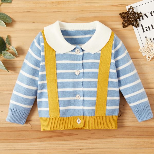 pulover casual pentru bebe culoare albastru cu dungi cu guler si bretele